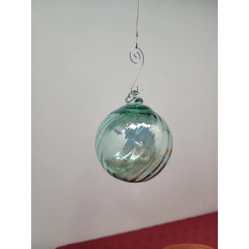 Handblown Art Glass Orbs/Ornaments 4 Inch Set Of 3 ~ 2 Iridescent Green 1 Red